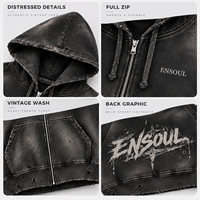 Sweat à capuche zippé vintage personnalisé pour homme, en molleton épais, coupe oversize, effet usé et déchiré, broderie graffiti, style streetwear, OEM ODM