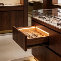 Walnussholz Hochwertige Luxuriöse Moderne Flip-Top Brillen-Vitrine LED Premium Optik-Aufbewahrungsschrank mit Hydraulikdeckel