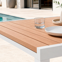 Mesa de comedor extensible para jardín HOMFUL con aspecto de teca, listones de aluminio con acabado de madera, mesa de comedor para exteriores resistente a la intemperie