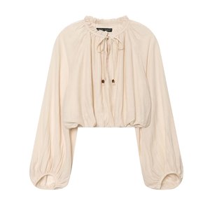 Ensemble chemisier et jupe crème à manches longues pour femme, style oversize à volants, tenue décontractée pour un trajet élégant - Product Image 2