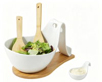 Bol à salade moderne en céramique blanche avec support, base en bambou et petit bol à sauce en céramique et ustensiles en bambou