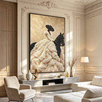 Tableau mural luxe moderne femme et cheval noir, porcelaine cristal strass incrusté à la main, décoration murale verticale