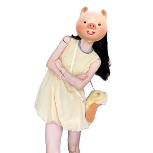 Yellow Sleeveless Suspender Dress For Women Natural Waist Tulip Skirt Solid Color Beach Vacation Look - Product Image 4
