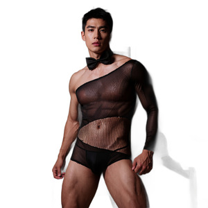 Body de malla transparente para hombre, lencería sexy, con lazo, estilo sirviente, entrepierna abierta, sin necesidad de quitar, conjunto coqueto negro - Product Image 5