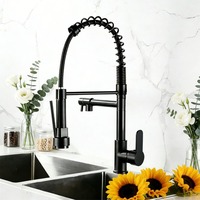 Keran Dapur Stainless Steel Model Tarik Keluar dengan Dua Lubang Keluar Air, Warna Hitam Matte dan Rose Gold, Dilengkapi Spring Spout