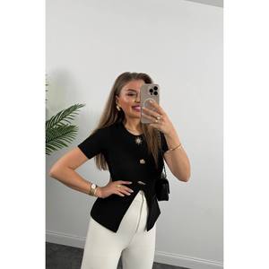 Blusa de punto elástica para mujer, elegante, con diseño asimétrico y accesorio para el sol, para uso diario - Product Image 2