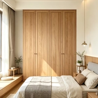 Armoire intégrée sur mesure en bois clair veiné, style campagne française, pour chambre à coucher, rangement de vêtements, placard