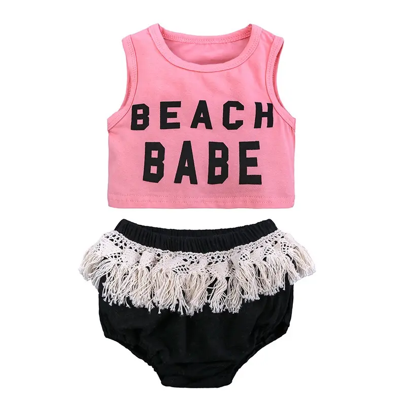 Hot sale infant clothing 2020 new design outfit letter print vest and tassels short 2pcs set for baby girls clothes set