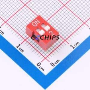 DSWB02LHGETR DIP Switch Switch Flat Toggle, Raised Type Single Pole Single Throw 2 PC Pin - Product Image 1