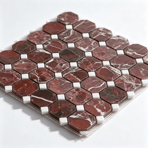 Mosaïque octogonale en marbre rouge, dos en maille, 305x305mm, avec copeaux carrés blancs, pour la décoration murale de salle de bain et de cuisine - Product Image 2