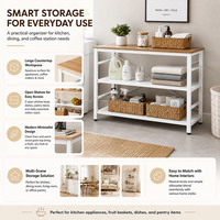 Étagère de rangement de cuisine avec étagères, organisateur moderne en bois avec cadre blanc, support pour micro-ondes et appareils électroménagers