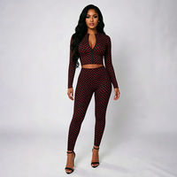 J26ST314 Europäisch-Amerikanisches Cross-Border Damen Herbst Oberteil ohne Kragen mit Reißverschluss, Langarm, Polka-Dot-Print, Cropped, Sexy, Figurbetont