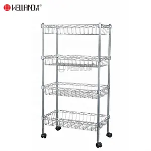 Adjustable 4 Layers Home Storage Chrome Metal Wire Basket Shelving Cart with Wheels