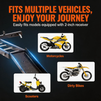 Plateforme de chargement moto robuste en acier noir pour attelage 2 pouces, capacité 500 LBS, avec surface antidérapante double face large, compatible SUV et camion