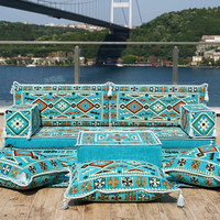 Ensemble de canapé sectionnel carré arabe turquoise à trois places avec ottoman, tapis en tissu, meubles de salon de haute qualité pour l'école