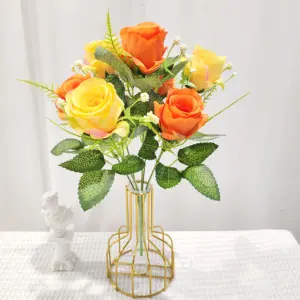 Ramo de flores artificiales para decoración del hogar, ramo de 7 cabezas, rosa, amarilla, para el jardín y la sala de estar, para madre