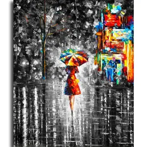 Estilo moderno arte de la lona bailando en la lluvia color blanco negro noche-scape cuchillo pintura de aceite pesado pinturas