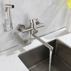 Robinet de cuisine mural en acier inoxydable 304 avec douchette, mitigeur monocommande pour évier - Product Image 1