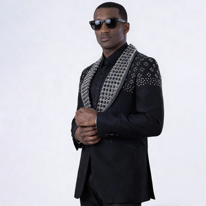 Custom Bespoke Double Breasted Slim Plus Size Rhinestones Details Men's <strong>Suit</strong> With Anti-Wrinkle Fabric Black Blazer - Product Image 1