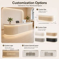 Comptoir de réception ovale incurvé à rainures verticales avec éclairage LED, logo personnalisé, comptoir de caisse pour salon de beauté, clinique