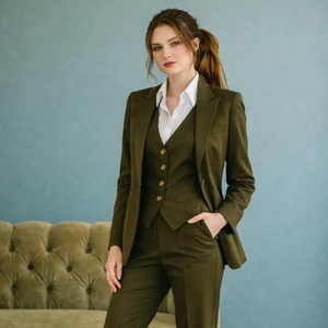 Conjunto de Traje Verde Oliva para Mujer, 3 Piezas, con Chaleco y Blazer, Traje Elegante para Negocios, Ropa Formal de Oficina Sofisticada, Corte Entallado - Product Image 1