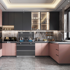 Set Completo di Mobili da Cucina Modulari Intelligenti Personalizzati con Lavello e Piano di Lavoro in Marmo per Appartamenti - Set Moderno di Armadietti da Cucina in Compensato - Product Image 2