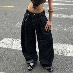 Jean large vintage rayé patchwork taille basse coupe ample pour femme – Vente en gros - Product Image 2