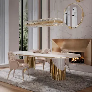 Yüksek kaliteli tasarımcı mobilya modern büyük paslanmaz çelik çerçeve ayna mermer masa yemek masası yemek odası için