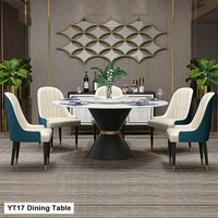 Juegos de Mesa de Comedor de Piedra Sinterizada de Mármol con 6 Asientos, Muebles de Comedor de Lujo con Patas de Metal Negro
