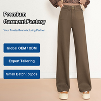 Pantalon large en twill doublé polaire pour femme, taille haute, double boutonnage, poches plaquées, chaud, style streetwear hiver