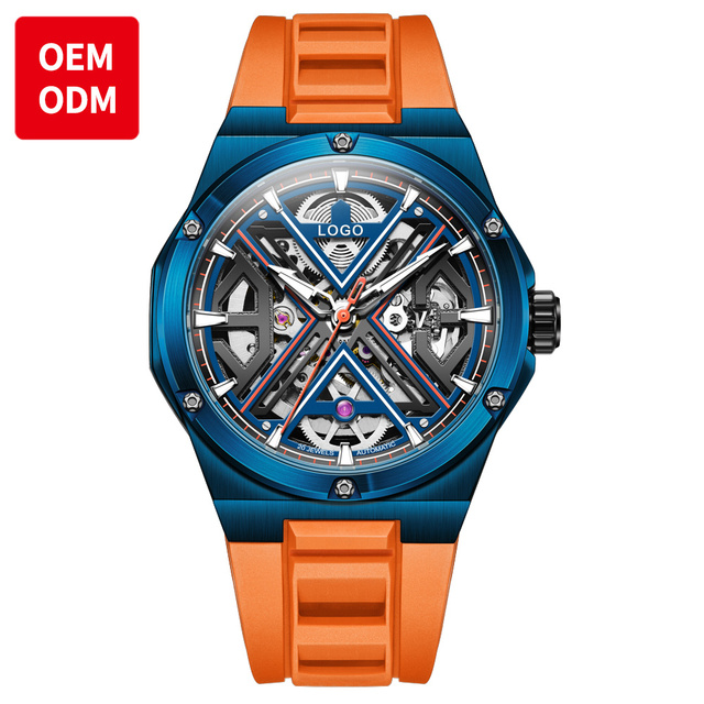 OEM ODM 6006  Custom Sport Fashion logo Waterproof  Rubber Strap Classics Skeleton Hollowed Automatic Mechanical Watch