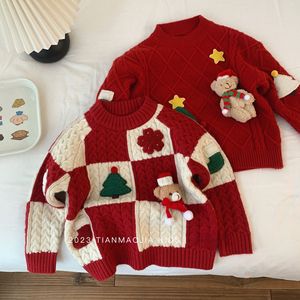 Christmas Kids Sweater Red Wool Knitwear Thickened Warm Winter Clothing For Boys And Girls With Bear Applique Design - Product Image 1