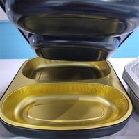 Conteneur en aluminium à deux compartiments noir et or avec couvercle en plastique scellé pour plats chauds à emporter