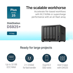 NAS DiskStation DS925+ de 4 Bahías (Sin Discos) Ryzen <span class=keywords><strong>V1500B</strong></span> 4GB RAM 2x RJ45 (2.5GbE) 2 M.2 NVMe 1 Tipo-C 2 USB3.2 en Stock - Product Image 2