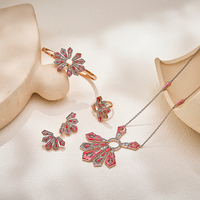 Ensemble de bijoux 4 pièces style Art Déco en laiton et zircon de haute qualité, comprenant collier, boucles d'oreilles, bagues et bracelets, motif Fritillaria rouge, cadeau pour femme de Dubaï