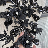 Tulle noir avec broderie florale 3D, appliques et détails en sequins de cristal pour robes de soirée et robes de bal, marque OEM, délai de livraison d'échantillon de 7 jours