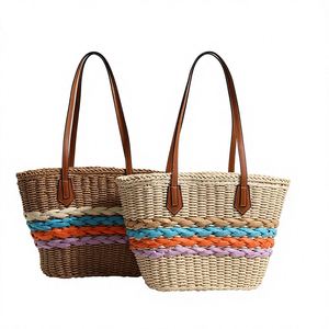 กระเป๋าสะพายไหล่สานสไตล์โบฮีเมียนสำหรับผู้หญิง แฟชั่นฤดูร้อน เหมาะสำหรับวันหยุดริมทะเล กระเป๋าทรงถัง สายสะพายลายทาง กระเป๋าชายหาด - Product Image 1