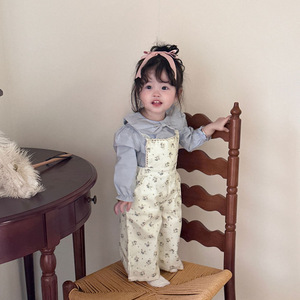 2025年新作 ブルー花柄コットンベビー服ロンパース 女の子用 春夏 幼児用ワイドレッグサスペンダーパンツ - Product Image 4