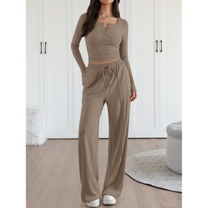 Women's 2 Piece Matching Lounge Set Full Sleeve Knitted Spandex Cotton Breathable Wide Leg Pants Top Daily Wear Outfit - Product Image 6