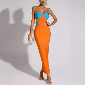 Newly designed patchwork color block cut-out sexy high slit dinner dress for women elegant cut orange robe party bandage dresses