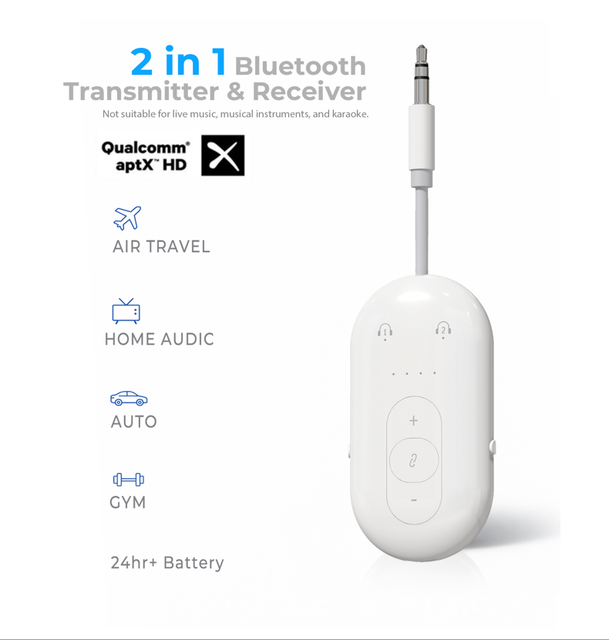 Qualcomm QCC BT5.4 2 in 1 Transmitter Receiver AptX HD Low Latency Dual Pairing Wireless Audio Adapter for Airplane Travel Car