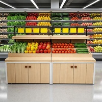 Professionele dubbelzijdige, extra sterke fruit- en groentepresentatiestand met metalen en houten schappen en onderkast voor marktgebruik