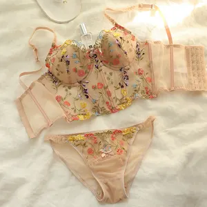 Conjunto de Sujetador de encaje para mujer, 2 piezas, Tanga con bordado Floral