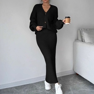 Women's Solid Color Casual Long-Sleeve <b>Cardigan</b> <b>Sweater</b> and Skirt Fall/Winter 2-Piece Set Fashion - Product Image 5