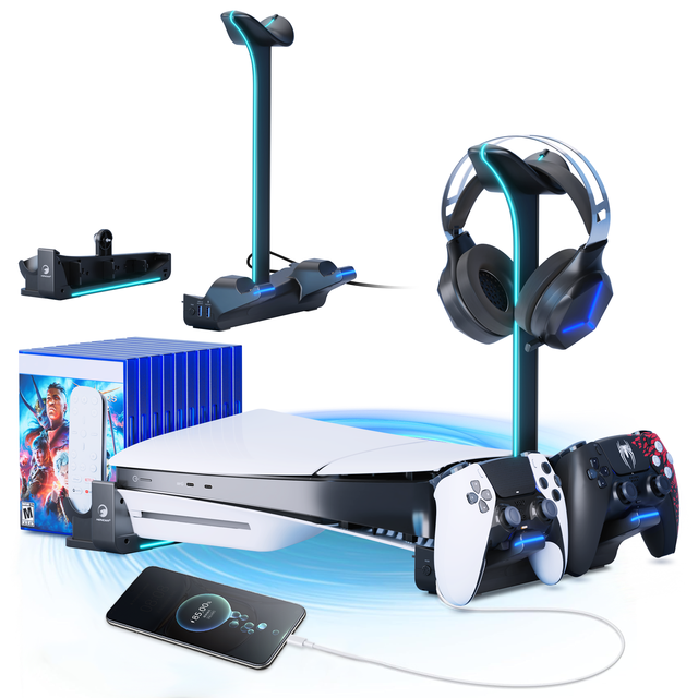 Honcam RGB Horizontal Stand Slim Console Accessories 2 USB Hubs Charging Stand Dock for Playstation 5 Slim Console