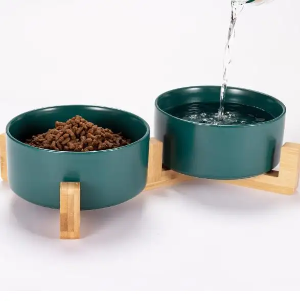 Tigela de cerâmica para comida e água de cachorro, conjunto com suporte de madeira antiderrapante para cachorro e gato de tamanho médio