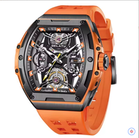 Montre mécanique pour homme, boîtier tonneau, cadran noir, plusieurs sous-cadrans, bracelet en silicone or rose, sport