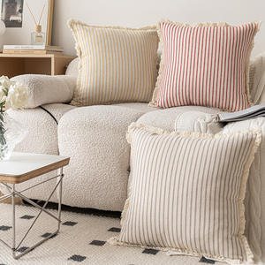 Cotton Linen Striped <b>Throw</b> Pillows Square With Tassel Edges Decorative <b>Sofa</b> Cushions <b>For</b> Home Living Room Bedroom - Product Image 3