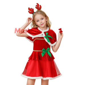 MS Girls Christmas Green Velvet Dress Set with Antler Headpiece and Cape 2-Piece <b>Santa</b> Party <b>Costume</b> - Product Image 1