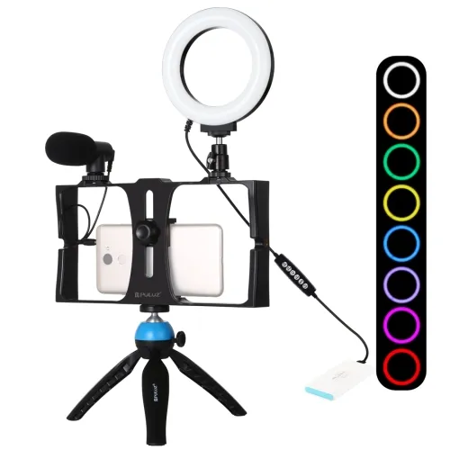 PULUZ 4で1 Smartphone Video Rig Handle StabilizerとMicrophone Tripod RGBW Ring LED Selfie Light Live Broadcast Kits